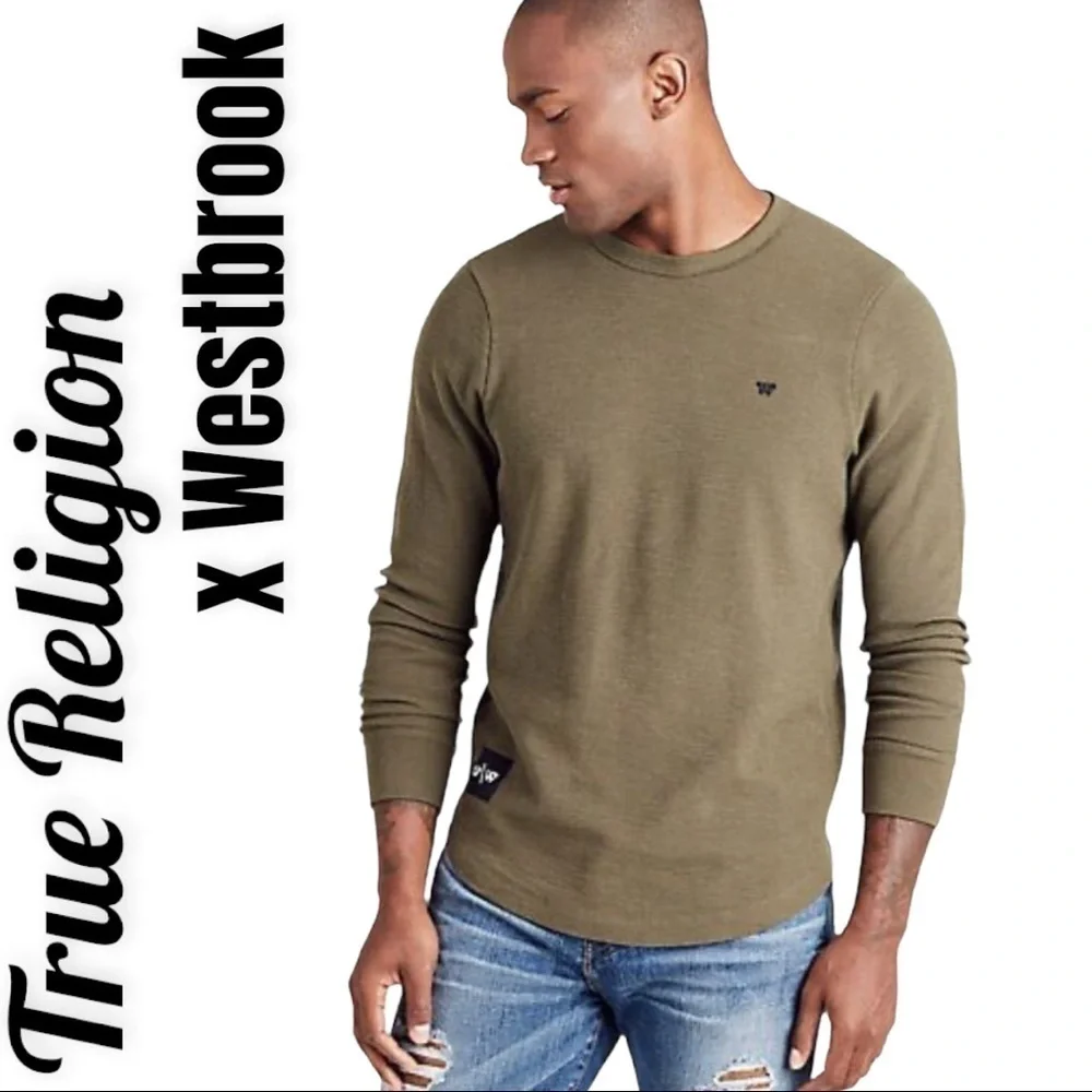 TRUE RELIGION x WESTBROOK 100% Cotton Waffle Knit Thermal Shirt Olive Green, XXL